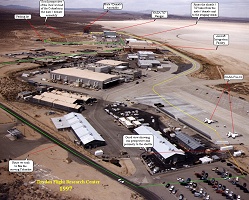 This is an overview, looking north-northeast, of Dryden Flight Research Center (1997) A good shot of the perspectives and scale of how close we got to Columbia in 19990. Click to see big picture (1094x878 pixels; 624 KB)